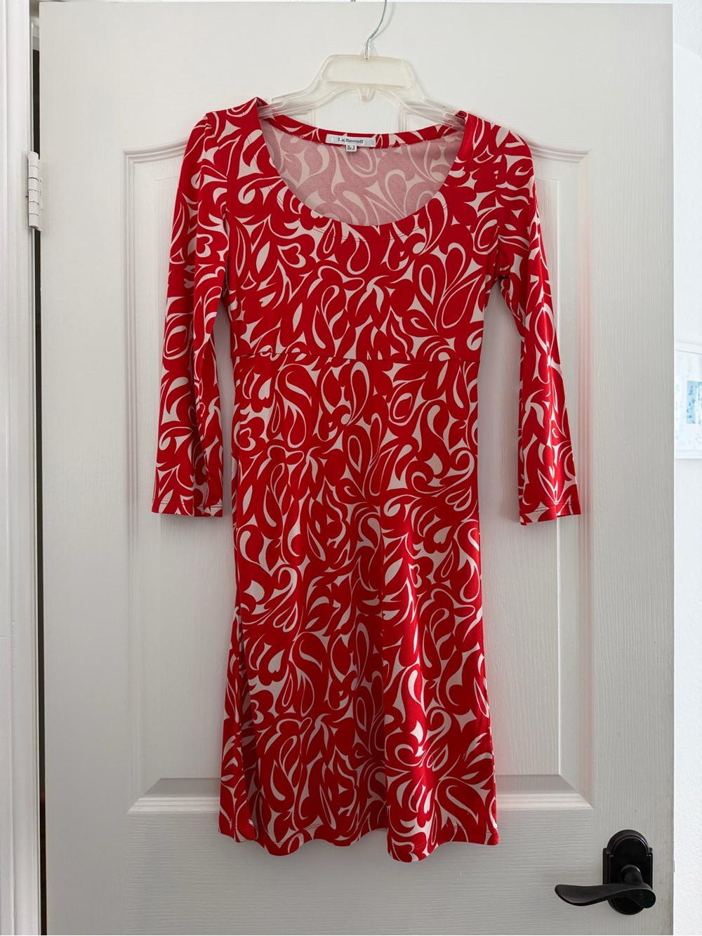 LK Bennett Red and White Long Sleeve Scoop Neck Dress